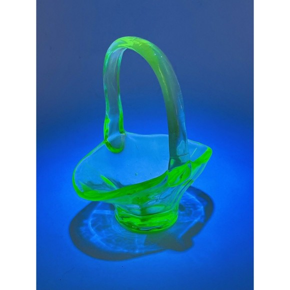 Fenton Other - Vintage Fenton Vaseline Green Glow Glass Miniature Basket